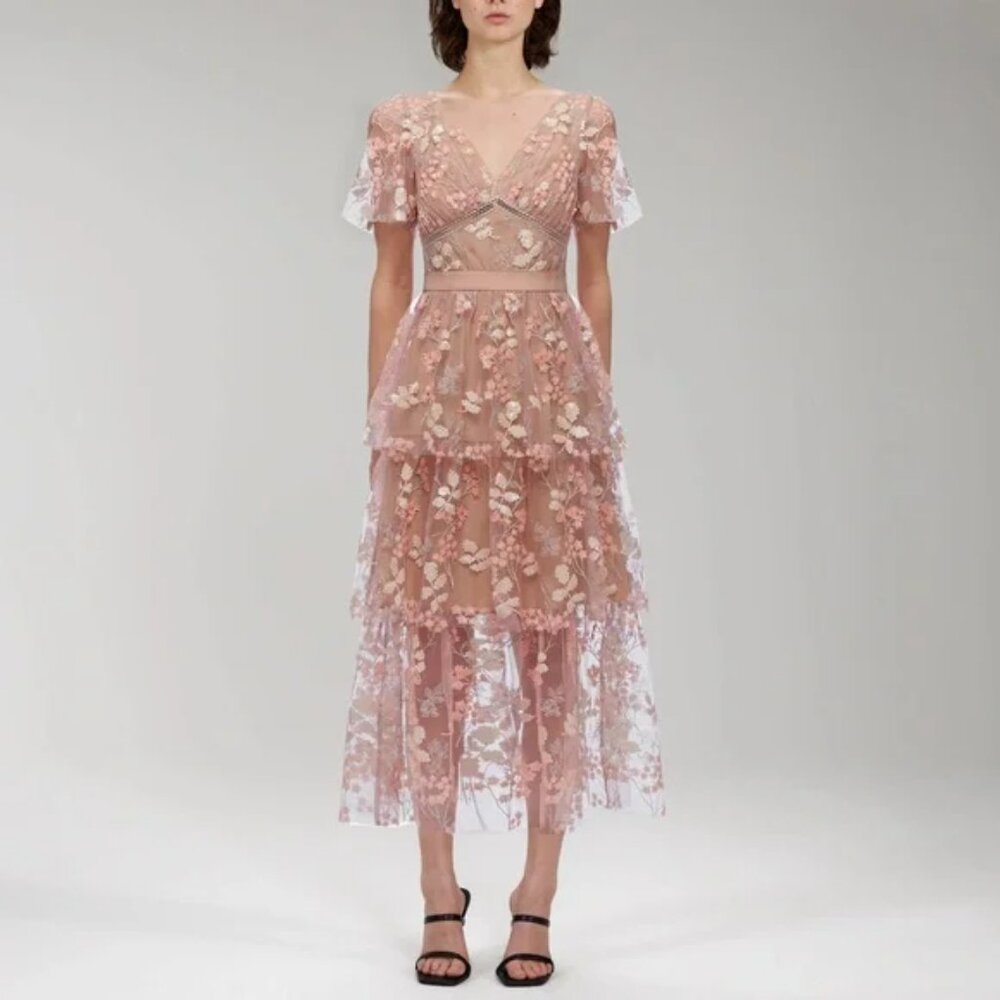 Self-Portrait Flower Tiered Mesh Midi Dress 2 Pink Ruffle Party Special Event